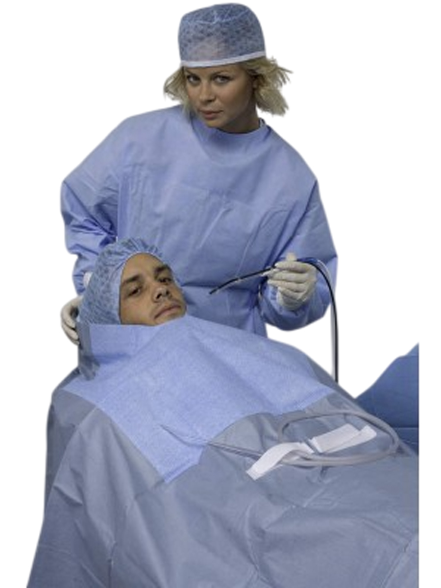 Flüssigkeitsabweisendes, einzelnes Abdecktuch 133x200 cm mit verklebbarer U-förmiger Öffnung 6,5x50 cm, extrem saugfähige Verstärkung und Leitungshalterung mit Klettverschluss.