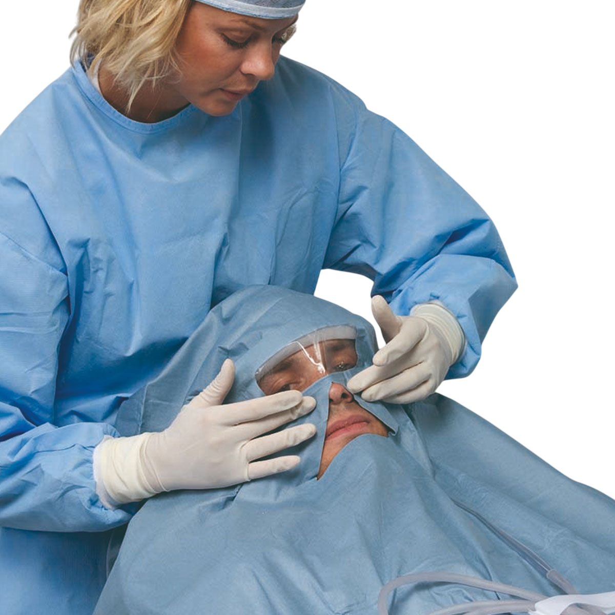 Flüssigkeitsabweisendes, einzelnes Abdecktuch 133x200 cm mit dreieckiger verklebbarer Öffnung 11x10 cm, Patientenfenster und Leitungshalterung mit Klettverschluss